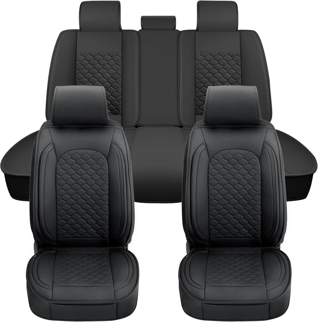 Elantrip Car Seat Cover Full Set Luxury Faux Leather with Diamond Quilted Design, Waterproof, 5mm High Elasticity Foam Suitable for Cars Trucks and Suvs Black