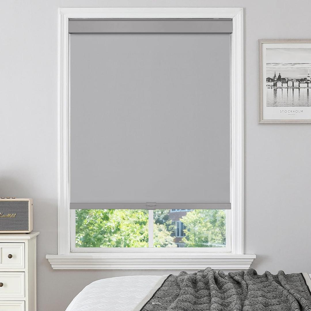 Cordless Blackout Roller Shades for Windows & Doors, Free-Stop Shades with Valance, UV Protection, Thermal Insulated Window Blinds for Home, Bedroom, Office, Gray, 29" W x 72" H