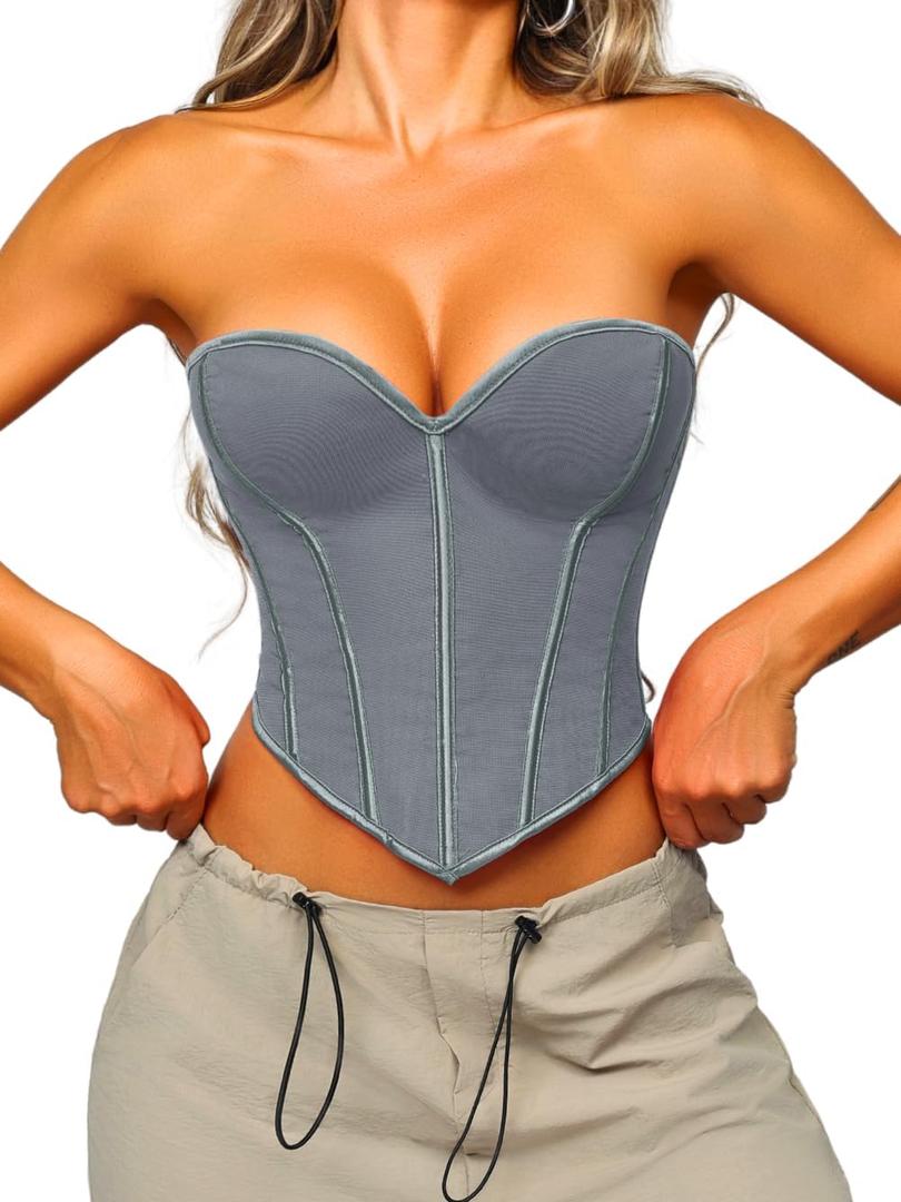 Heart Corset Top For Women, Sexy Concert Outfits Going Out, Strapless Crop Top, Overbust Bustier (Small, Grey)