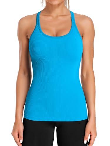 ATTRACO Built in Bra Tops for Women Workout Scoop Neck Yoga Tank Top Tight Fit Blue Small