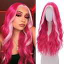 Hot Pink Wig-Long pink Wigs for Women Natural Wavy Synthetic Wig Heat Resistant Fiber Wigs for Daily Party Halloween Cosplay (28 Inch)