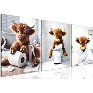 Framed Funny Highland Cow Canvas Wall Art Set of 3, Cute Bathroom Animal Wall Decor Paintings, Rustic Cow Pictures Prints Farmhouse Home Decor for Restroom Toilet 16x24 inch (24L" x 16W")