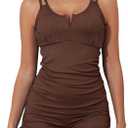 Aleumdr Women's Two Piece Tankini Swimsuit Tummy Control Bathing Suit V Neck Swim Tank Top with Boyshorts (Large, Coffee)