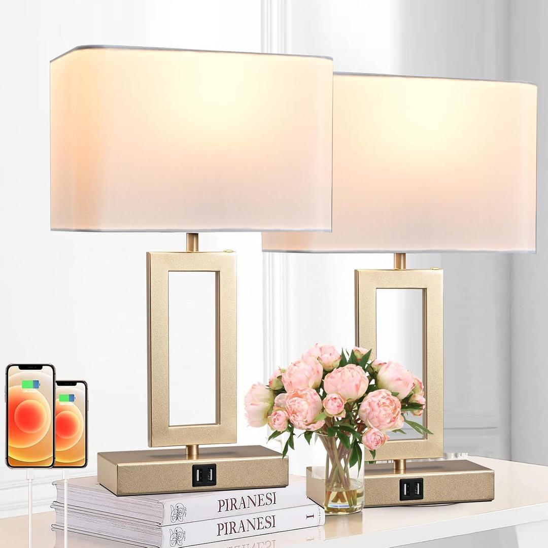 Set of 2 Table Lamps with Dual USB Ports,Touch Control for Bedside and Nightstand in Bedroom, 3-Way Dimmable Modern for Desk, Living Room, Office, LED Bulbs Included, Gold&White (Medium, White&Gold)