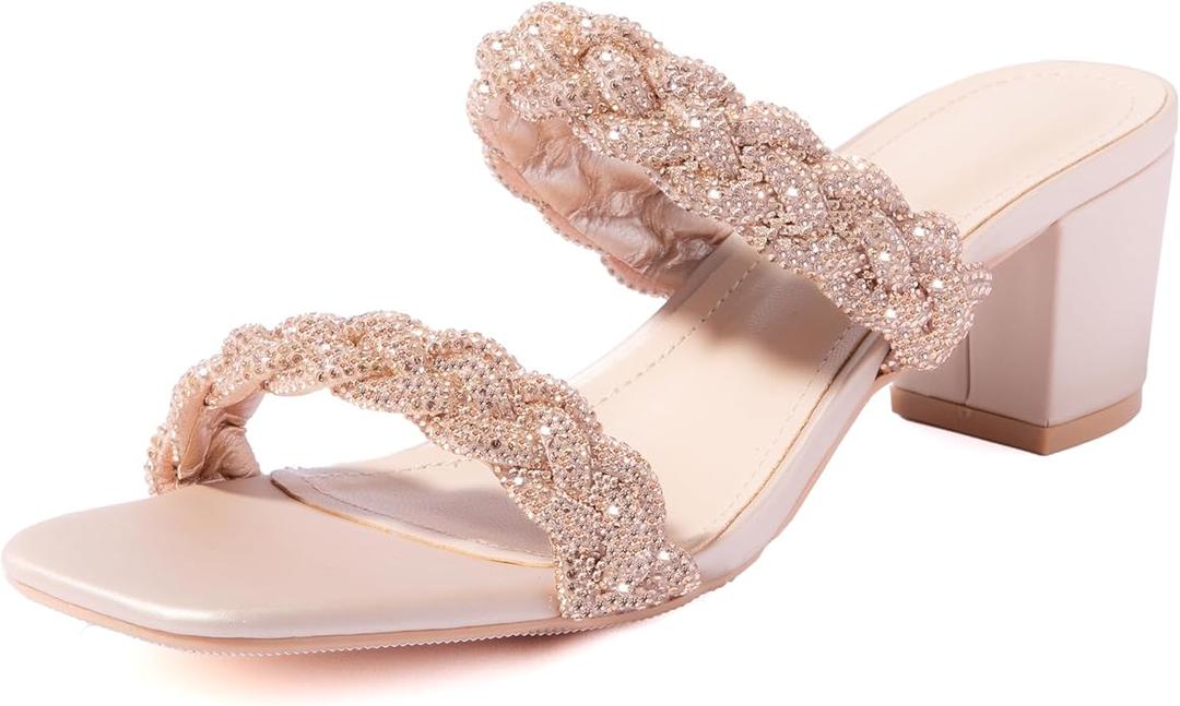 N.N.G Women Heels Sandals Braided Block Nude Summer Chunky Square Leather Woven Comfort Strappy Dress Casual Pumps Mules (37)