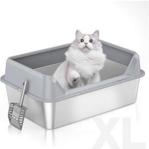 Stainless Steel Litter Box with High Sides,23.60" L X 15.7" W X 7.8" H,Extra Large Jumbo Cat Litter Box,XL Kitty Metal Litter Boxes for Indoor Big Cats,Non-Sticky,Anti-Leakage (Grey)