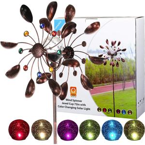 Solar Wind Spinner Multi-Color LED Lighting by Solar Powered Glass Ball with Kinetic Wind Aculptures Dual Direction Decorative Lawn Ornament Wind Mill.