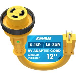 Kohree RV Adapter Plug 30 Amp to 15 Amp 110V, RV Power Electrical Adapter Cord 15A Male to 30A Female 12" with Twist Lock & LED Indicator