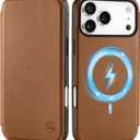 SHIELDON Slim Genuine Leather Case Wallet for iPhone 17 Pro Max 6.9" 2025 | Flip | Wireless Charging | Magnetic | RFID Blocking Credit Card Holder | Full Protective Phone Cover | Saddle Brown