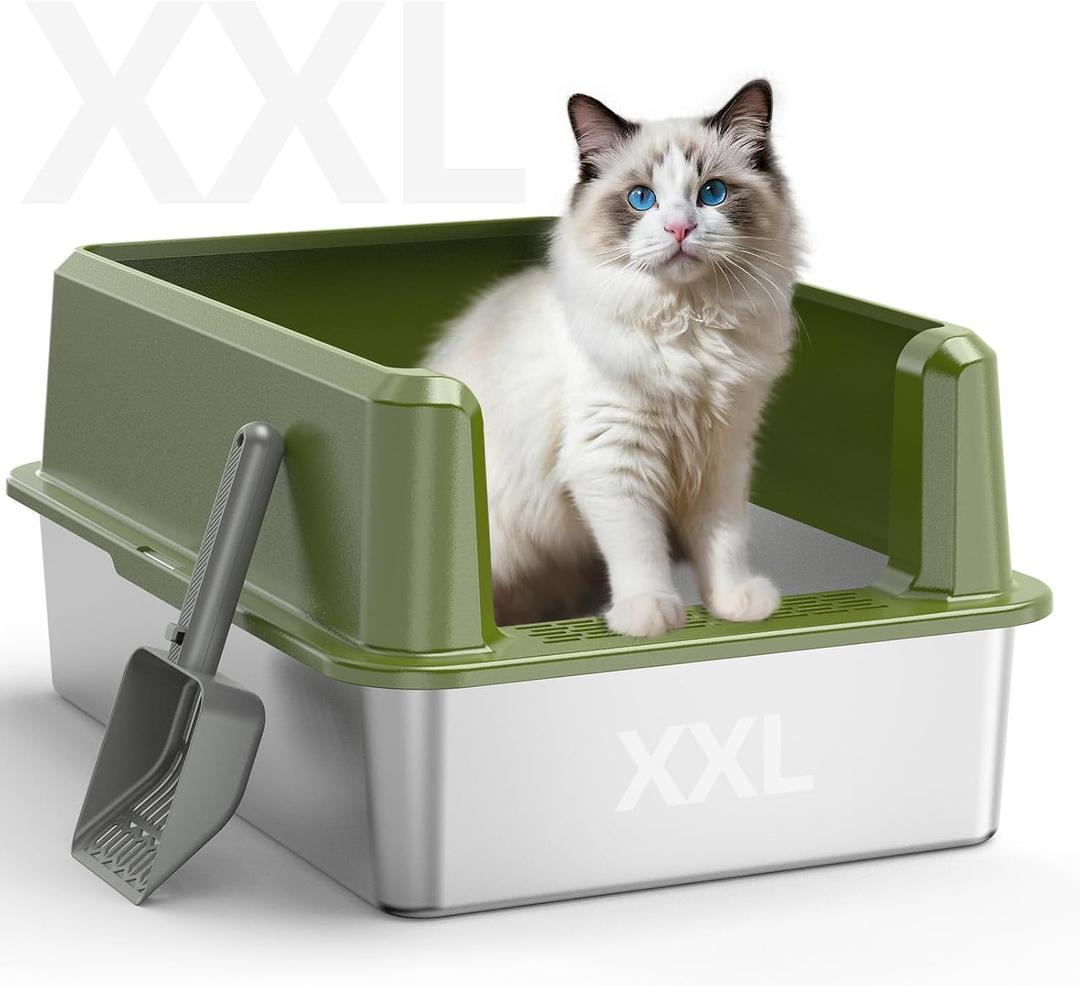 WoofiGo Enclosed Stainless Steel Cat Litter Box with Lid, XL Extra Large Litter Box for Big Cats, Metal Litter Pan High Sided, Never Absorbs Odors, Anti-Urine Leakage, Include Scoop (65-Green)
