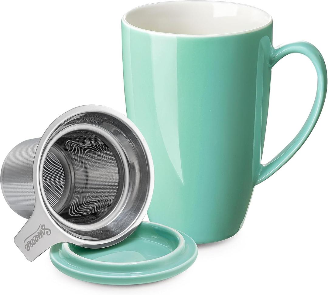 Sweese 15oz Porcelain Tea Mug with Infuser and Lid  Microwave Safe, Ergonomic Handle, Lead-Free Glaze, for Loose Leaf Tea Mint Green;