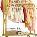 Laiensia Double Rods Garment Rack with Wheels, Clothing Rack for Hanging Clothes,4 Hooks, Multi-functional Bedroom Clothes Rack, Gold
