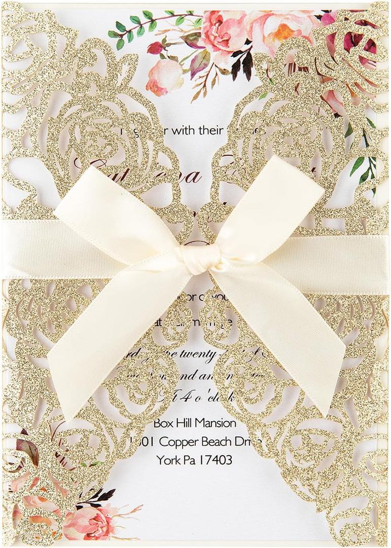 50Pcs Laser Cut Invitations with Envelopes and RSVP Cards Gold Glitter Hollow Rose Shape Wedding Invitation with Pre-tied Ribbons for Wedding Quinceanera Bridal Shower Engagement Party
