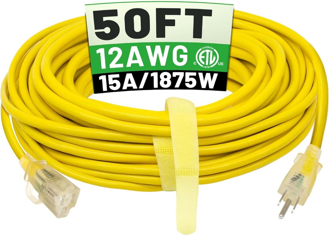 Powgrn50 ft 12/3 Outdoor Extension Cord Waterproof Heavy Duty with Lighted Indicator End 12 Gauge 3 Prong, Flexible Cold-Resistant Long Power Cord Outside, 15Amp 1875W SJTW Yellow ETL Listed