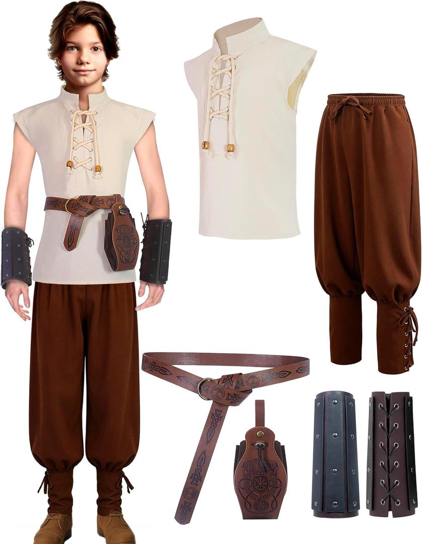 Kids Medieval Costume Boys Renaissance Viking Knight Outfit for Halloween Cosplay Sets 4-6T