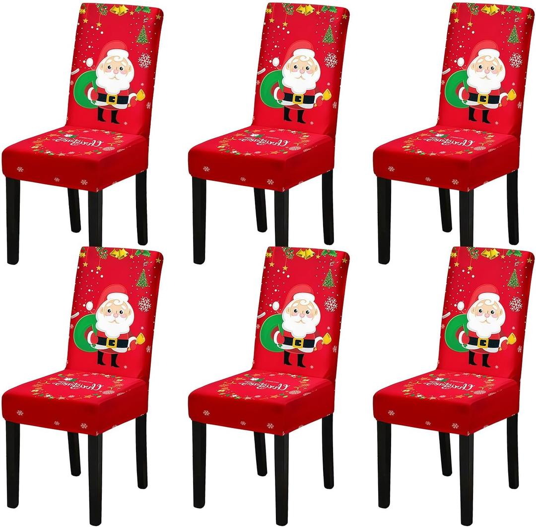 Christmas Chair Covers, Stretch Dining Room Chair Covers Set of 6, Christmas Decoration/Home Decor Chair Protector Slipcovers (Red Santa Claus)