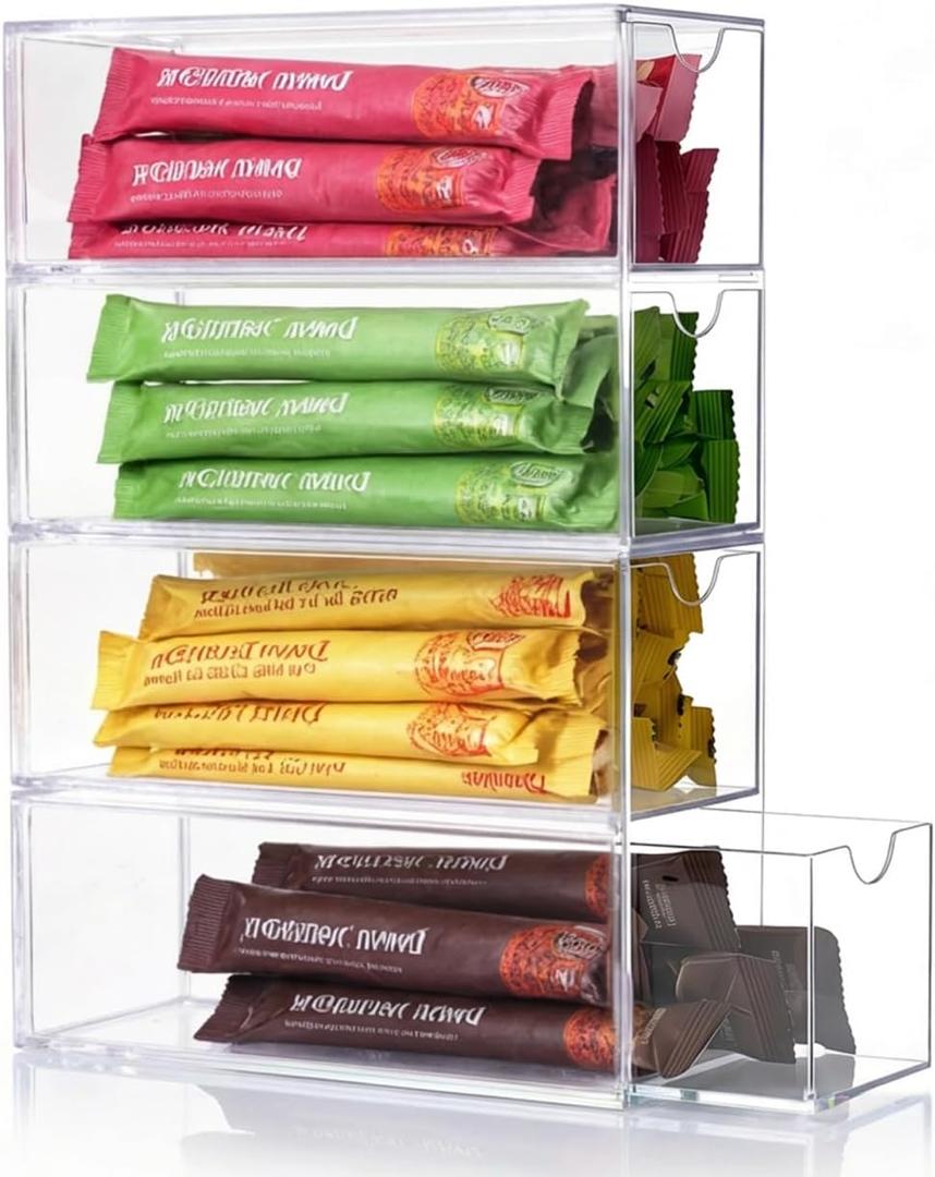 Drink Packet Organizer, Water Packet Holder with 4 Clear Drawers, Clear Acrylic Drink Mix Holder, Kitchen Storage Organizers for Kitchen Bins Cabinets Organizer
