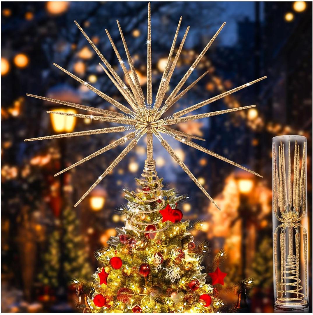 Gold Christmas Tree Topper 13.7inch, No DIY Exploding Gold Star Christmas Tree Topper Decorations