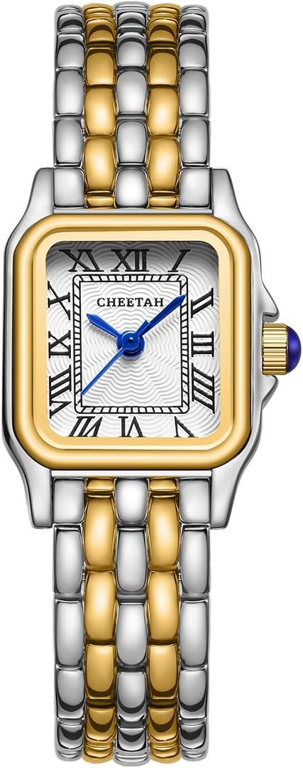 Gold Watches for Women with Small Vintage Bracelet, Rectangular Case, Roman Dial