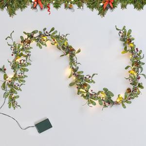 6FT Lighted Christmas Garland Pre-lit with 20 LED Lights, Battery Operated, Christmas Garland Decorated with Snowflakes for Mantle Stairs Wall, Indoor Outdoor Olive Garland for Christmas Decorations