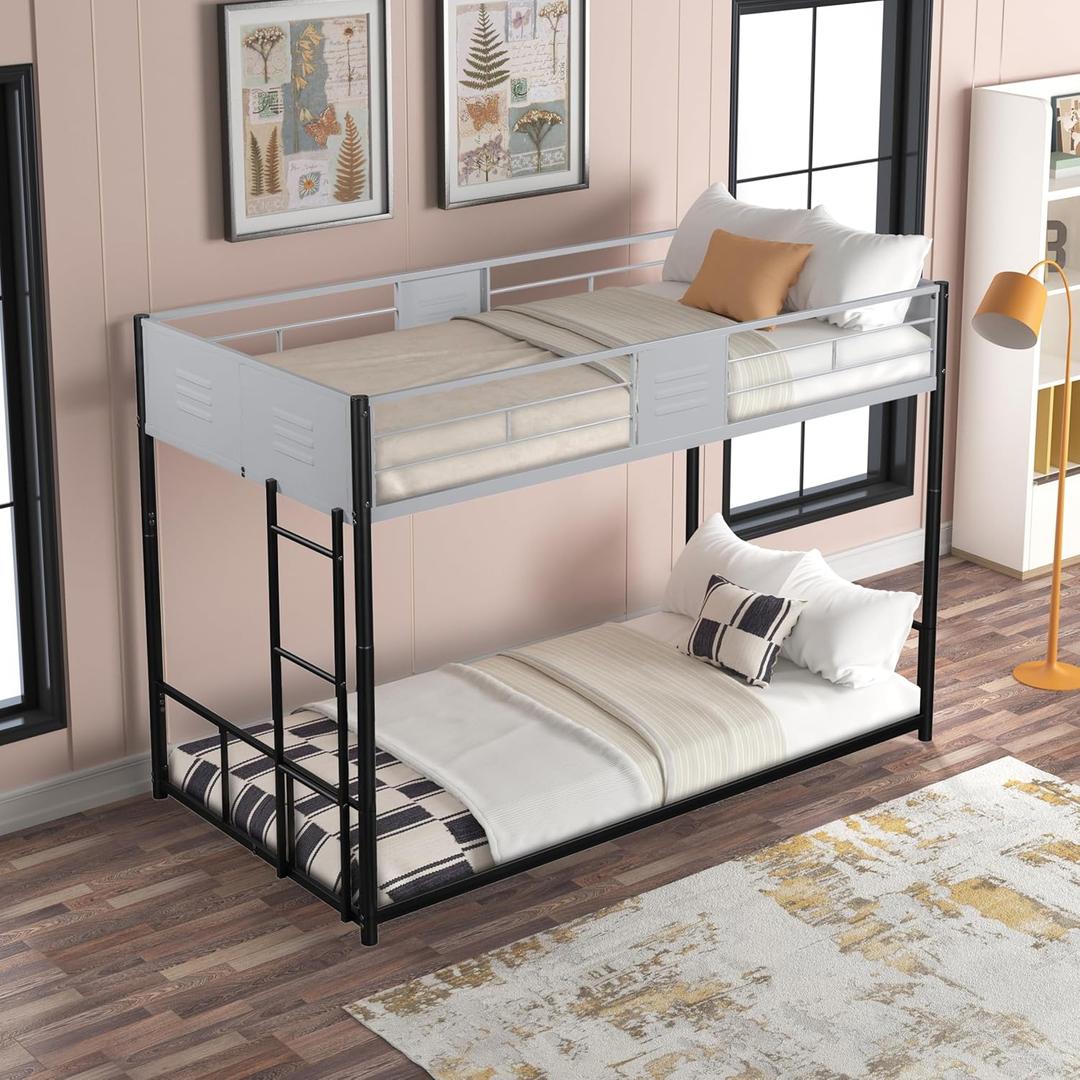 PVWIIK Twin Over Twin Floor Bunk Bed with Safety Guardrail and Vent Board,Metal Bunk Spaces-Saving Bed Frame for Boy,Girl,Dorm,Bedroom,Guest Room,Black