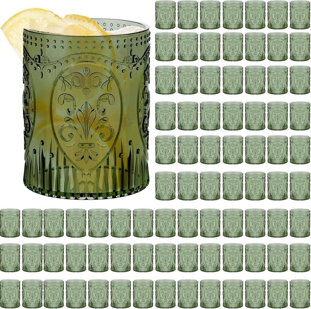 Qinyoung 100 Plastic Vintage Drinking Glasses 8.5oz Stemless Retro Embossed Wine Glasses Shatterproof Reusable Cups for Baby Shower Wedding Reception Grand Event Party (Dark Green)