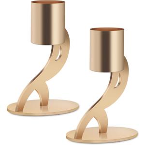 2PCS Taper & Pillar Candle Holders Set, Gold Vintage Candlesticks for 3/4 and 7/8 Inch Candles with Wedding Dining Table Centerpiece Decor and Fireplace Mantel Housewarming Gift (6852)