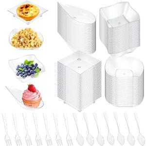 200 Pcs Mini Appetizer Plates with Spoons Forks, Clear Plastic Dessert Plates Small Disposable Appetizer Plate for Dessert Sauce Snacks, for Party Birthday Wedding
