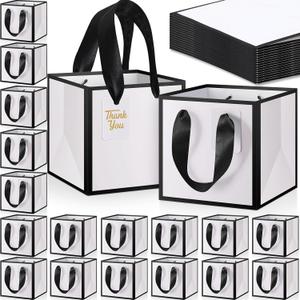 Kolldenn 50 Pcs Small Gift Bags with Handles Metallic Paper Square Wedding Favor Bags Bulk with DIY Blank Thank You Tags for Birthday Bridal Shower Thank You Party Favor (6 x 6 x 6 Inches,White)