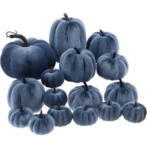 16 Pcs Blue Velvet Pumpkin Fall Decor Artificial Foam Pumpkins Navy Blue Fabric Faux Pumpkin Rustic Harvest Fake Pumpkins Home Decoration Autumn Door Wreath Table Centerpiece