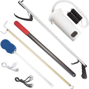 Rehabilitation Advantage 7 Piece Premium Hip or Knee Replacement Recovery Kit. 26-inch Reacher Grabber, Sock Aid, Shoehorn, Dressing Stick Aid, Bath Sponge, One Pair Black and White Elastic Shoelaces