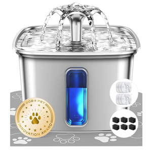 Veken Innovation Award Winner Stainless Steel Cat Water Fountain, 108oz/3.2L Automatic Pet Fountain Dog Water Dispenser with 6 Replacement Filters & Silicone Mat for Cats, Dogs, Multiple Pets (Silver)