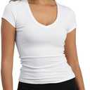 GEMBERA Womens' Stretchy V Neck Short Sleeve Gym Workout Form Fitted Casual Basic Top T-Shirt, XL, White