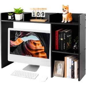 GRETJOB Desktop Hutch Bookshelf, Wooden Desk Storage Hutch with 5 Shelves for Computer Desk, Desktop Shelf for Top of Desk, Desktop Bookshelf for Dorm Office Home, 32.5 x 23.5 x 8 Inches, Black