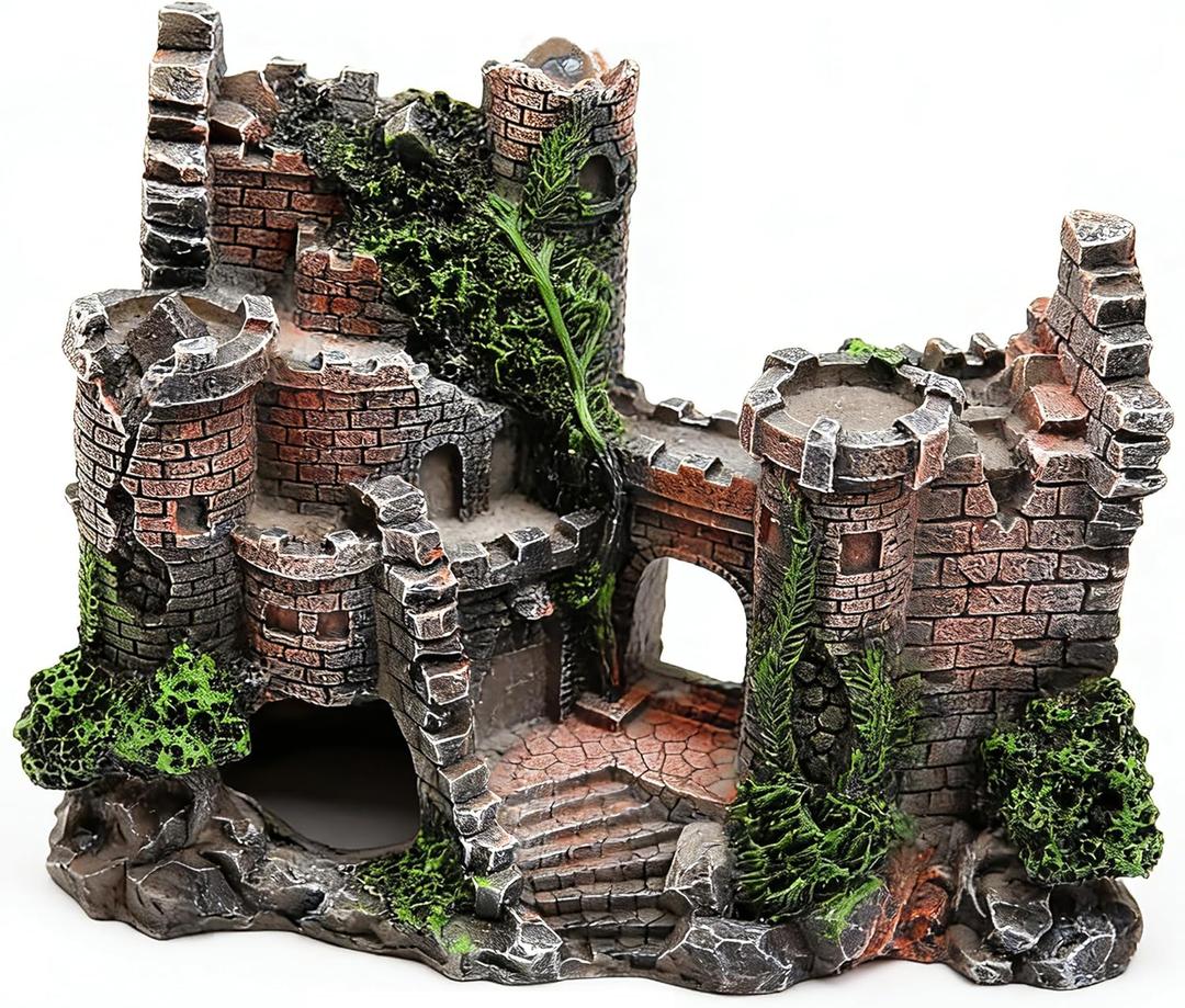 Aquarium Resin Castle Decoration, Air Bubbler Stone Cave Hideout House for Betta Fish, Shrimp & Turtles, Fish Tank Ornament Accessories for Breeding, Playing & Resting ，Decorative Bubbling Castle