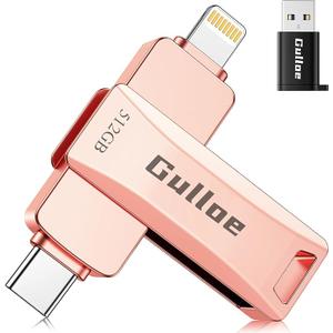 Gulloe 512GB iPhone Flash Drive for Photos, Memory Stick Storage File Backup, Compatible with iPhone iPad Android PC, Plug and Play, No Application Required (Rose Gold)