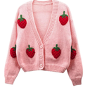 HOULENGS Women's Strawberry Print Button Down Long Sleeve V Neck Crop Cardigan Sweater M