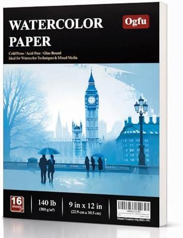 Ogfu Watercolor Paper Pad, 9"x12" Water Color Paper, 140lb/300gsm | Watercolor Sketchbook for Beginners, Students, Art Paper for Watercolor Painting, Drawing & Art Supplies,16 Sheets, Pack Of 2