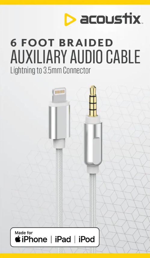 Acoustix™ 3.5mm to Apple Lightning Braided Auxillary Cable - White, 6ft
