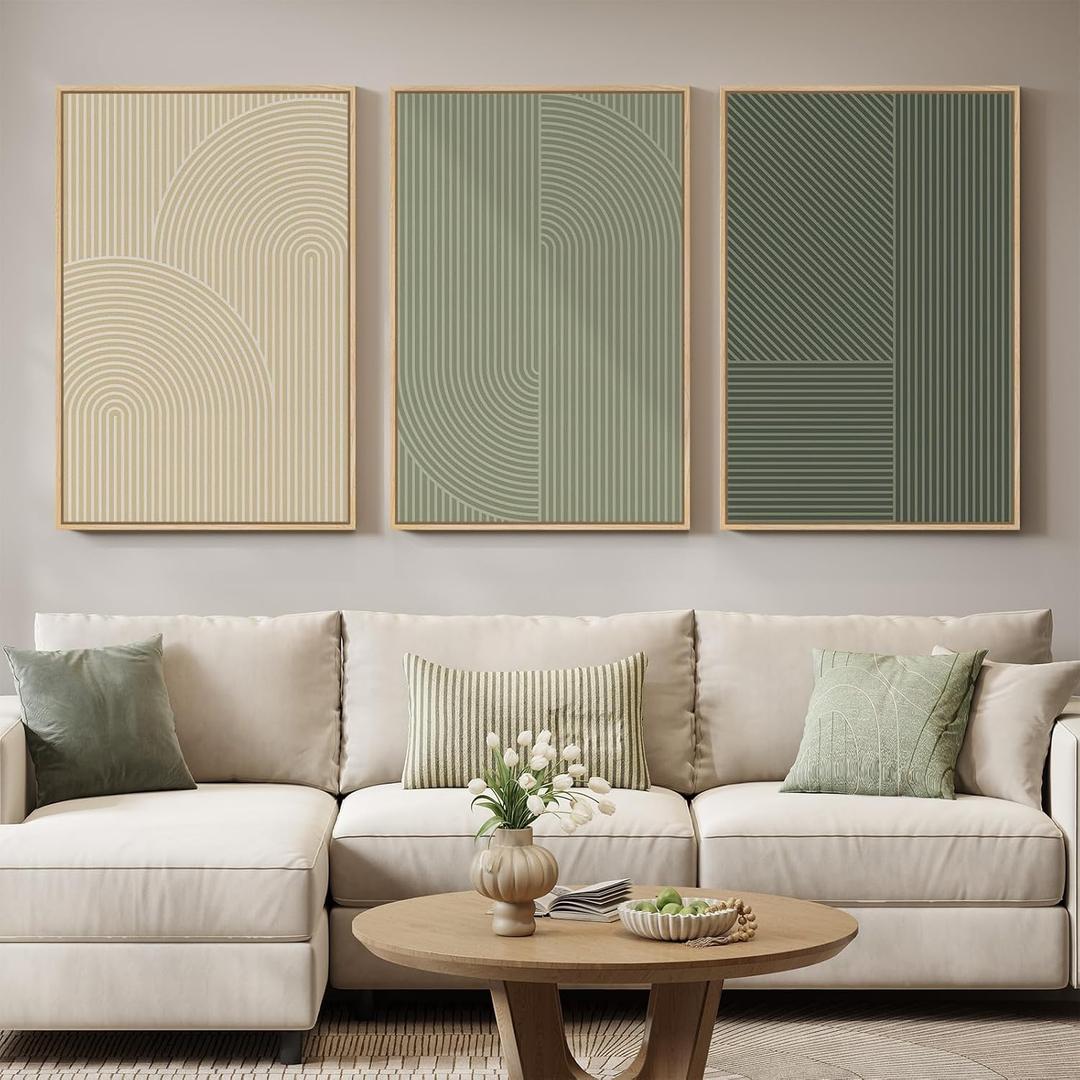 Large Framed Green and Neutral Beige Abstract Wall Art for Living Room, 3 Piece Modern Canvas Prints Paintings, Minimalist Geometric Line Pictures for Hallway Dining Bedroom Office Wall Decor 24x36 In, 24" W x 36" H x 3Pcs