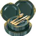 125PCS Green Plastic Plates - Green and Gold Disposable Plates - Fancy Vintage Plate with Gold Plastic Silverware Set for 25 Guests for Party Wedding Spring