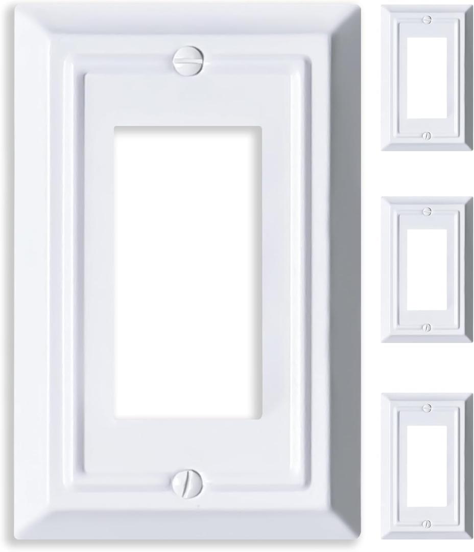 Metal Electrical Outlet Covers, Light Switch Cover Wall Plates, Mid Size Thicker Decorative Switch Plates,Receptacle Wall Plate of Modern Styles (Pure White, 1 Gang Decorator 4 Pack)