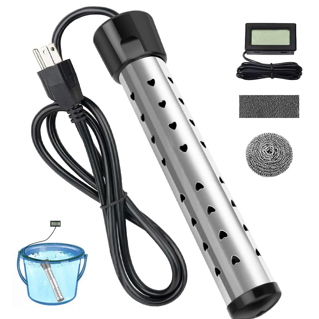 2000W Immersion Water Heater Electric with 304 Stainless Steel Cover, Portable Water Heater with Intelligent Temperature Control and Digital Thermometer, Bucket Heater 5 Gallon, Quick Heat in Minutes
