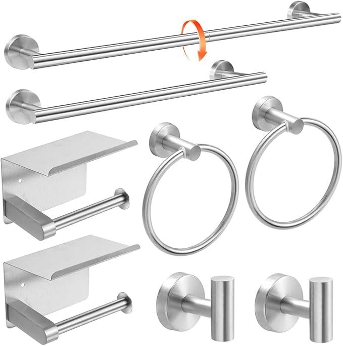 Brushed Silver 8-Piece Bathroom Hardware Set Stainless Steel, 24in and 16in Towel Bars Set Wall Mounted Bathroom Accessories