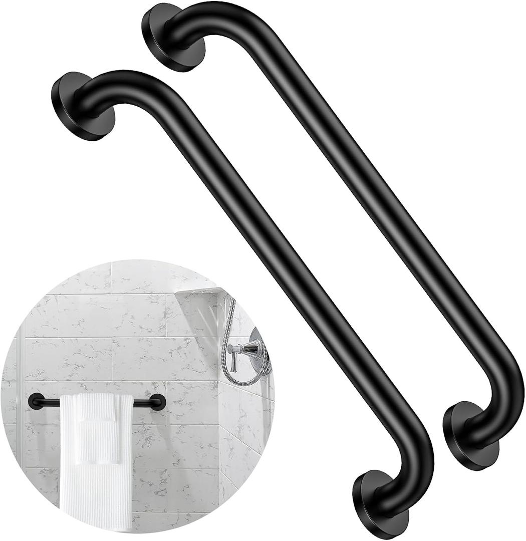 2 Pack 16 Inch Matte Black Shower Grab Bar,ZUEXT Stainless Steel Wall Mount Safety Grab Bar Handle,Bathroom Balance Bar, Safety Hand Rail Support - Handicap, Elderly, Injury, Senior Assist Bath Handle