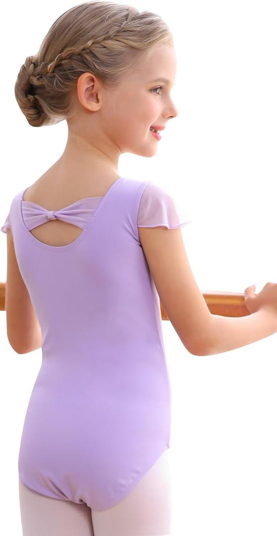 MdnMd Girls Leotard for Ballet Dance Gymnastics Toddler Kids Outfits With Bow Back Ruffle Sleeve (4-6 Years, Purple)
