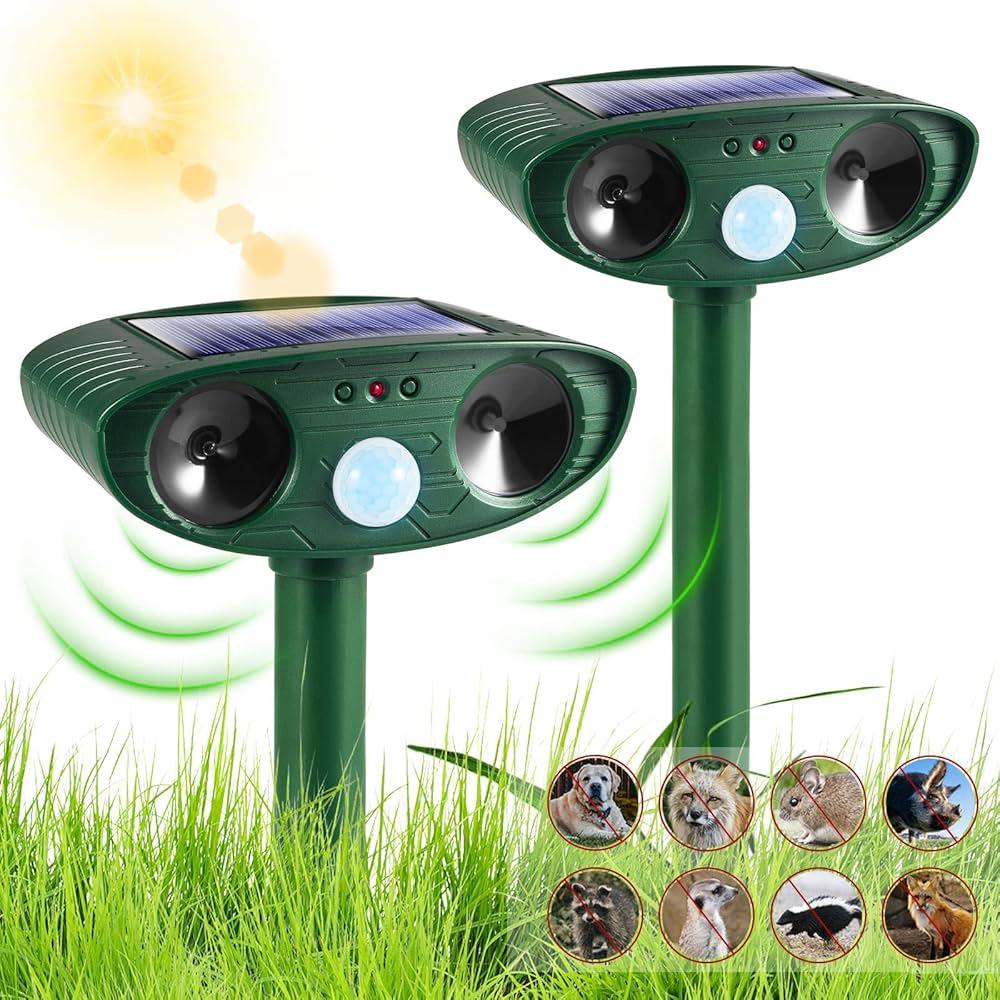 Upgraded Solar Ultrasonic Animal Repellent Outdoor, Deer Repellent Devices Motion Detection, Waterproof Cat Squirrel Mouse Raccoon Dog Repellent Deterrent with LED Flash Lights for Yard Garden