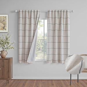 MYSKY HOME 100% Blackout Plaid Linen Curtains 72 Inches Length Double Layer Farmhouse Thermal Insulated Striped Print Drapes with Rod Pocket Back Tab for Bedroom Living Room, 2 Pcs, 52"Wide, Deep Grey