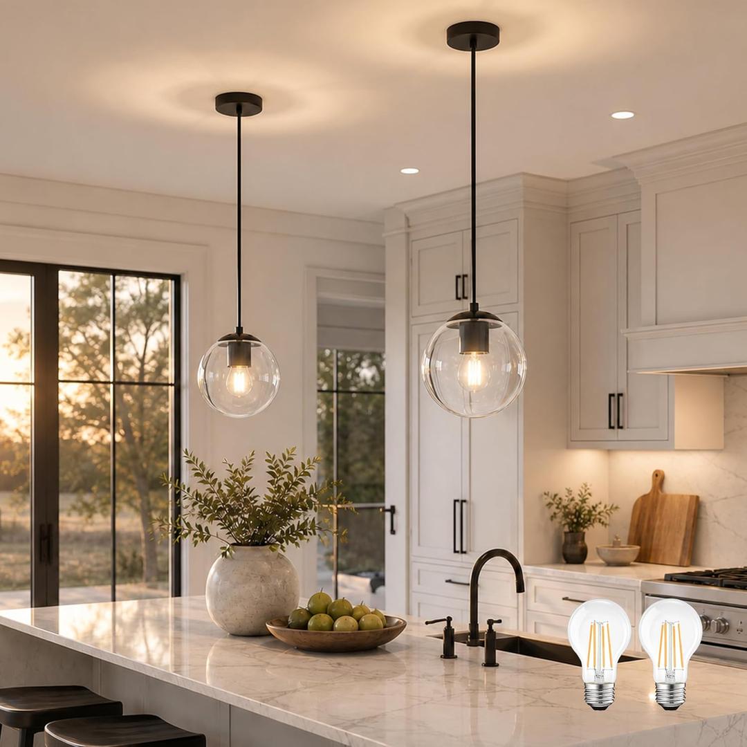 KoKo&Yukina 8" Clear Glass Pendant Lights Kitchen Island 2 Pack Modern Globe Pendant Light Mid-Century Modern Black Pendant Light Fixtures for Dining Room Bedroom Entryway Hallway (Bulb Included), 8 inch - standard