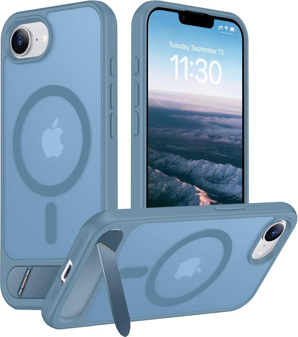 Temdan Magnetic Compatible with iPhone 16E Case, [Built-in Invisible Kickstand][Compatible with MagSafe][Military Grade Shockproof] Slim Translucent Matte Case for iPhone 16E 6.1" 2025 (Light Blue)